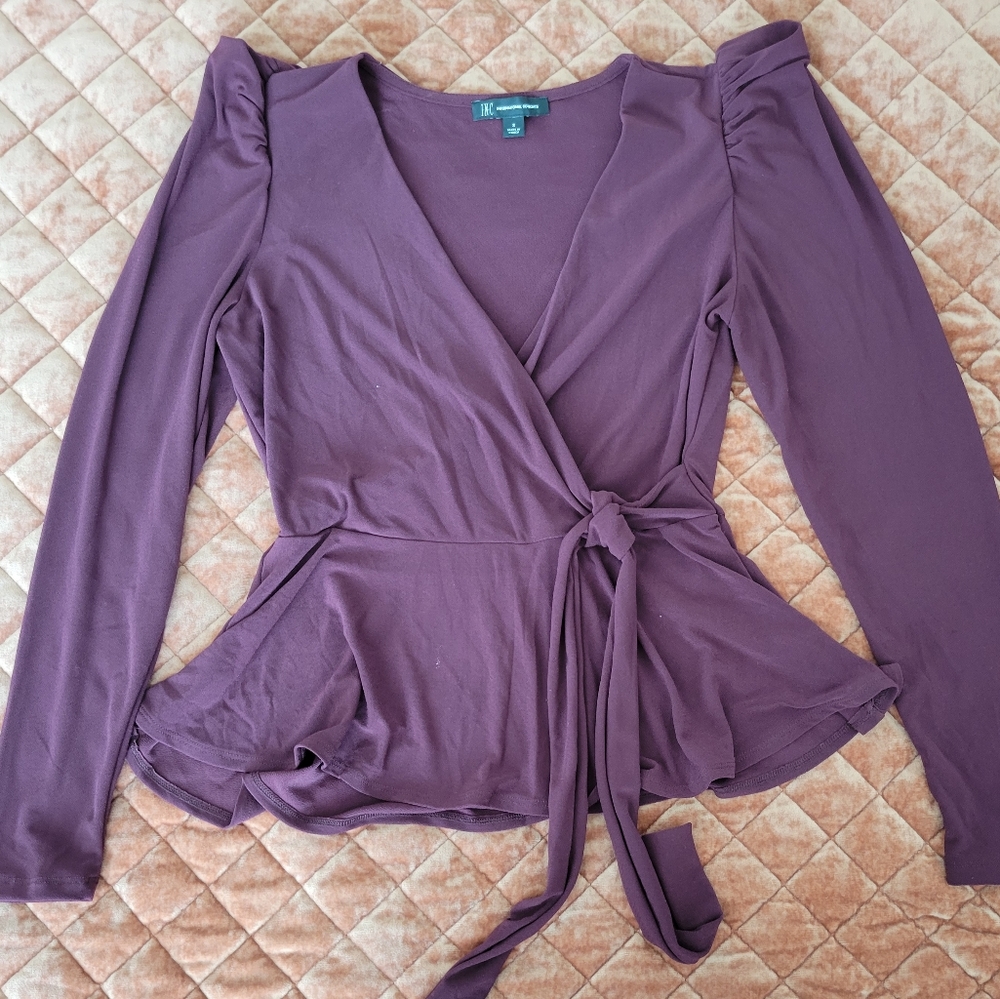 INC Puff shoulder peplum tie waist top burgundy size small